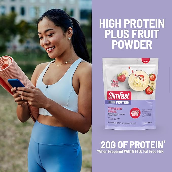 SlimFast High Protein Smoothie Mix Plus Fruit Powder High Protein Meal Replacement Powder Fiber Vitamin C 21 Servings 1.29 Pounds Strawberry Banana (Packaging May Vary)