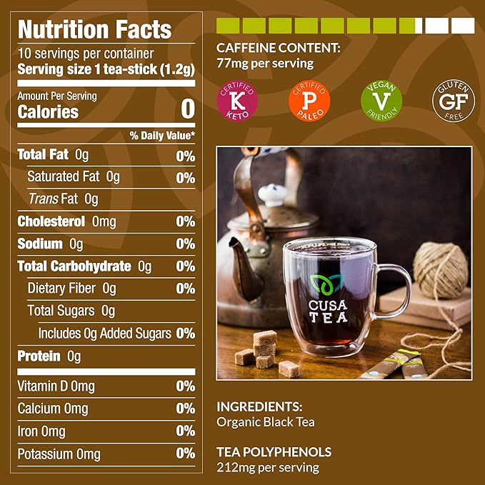 Cusa Tea &amp Coffee | Premium Instant English Breakfast Tea With Real Fruit &amp Spices | Organic Leaves Drink Mix Packets | Hot or Iced Tea (30 Single Servings)