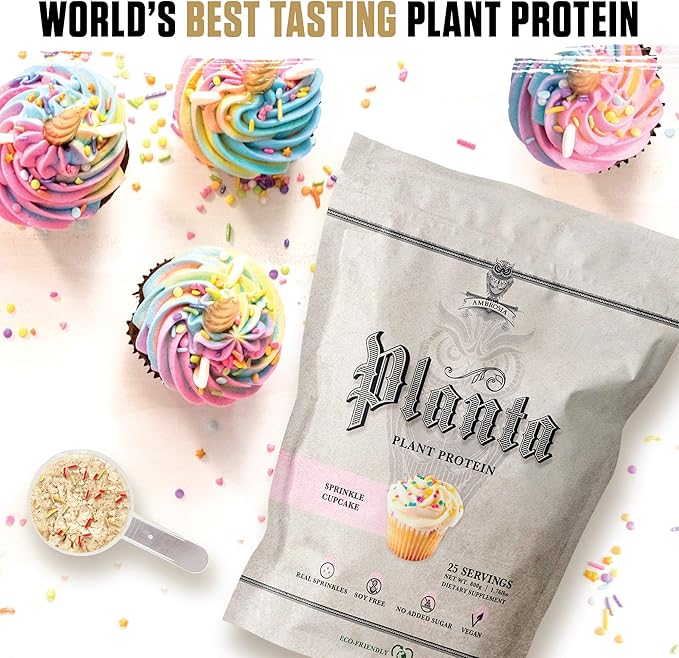 Ambrosia Planta - Plant-Based Protein Powder 20g | Dairy Free Vegan Protein Powder with BCAA Amino Acids | Keto-Friendly No Added Sugar | 25 Servings | Sprinkle Cupcake