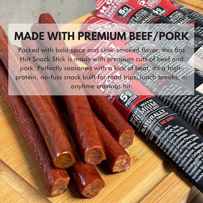 Jerky.com Hot Beef and Pork Jerky Meat Sticks 26 Pack (24 + 2 Bonus) | 5g Protein 90 Calories Gluten-Free Individually Wrapped Keto Friendly Low Carb Snack | Delicious Smoked Beef Jerky Sticks |