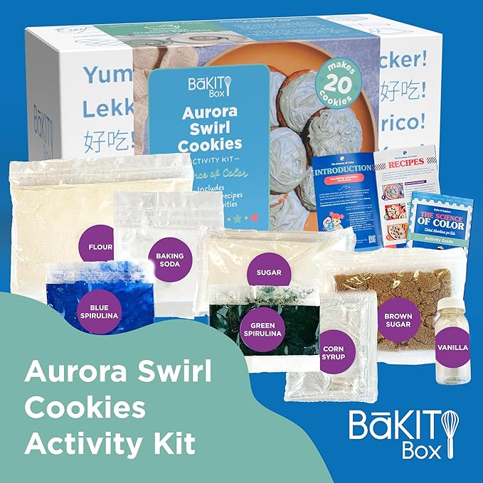 BāKIT Box Aurora Swirl Cookies Baking Kit for Kids STEM Science of Color Educational Activity Kit Learn Chromatography Color Mixing &amp More Includes Organic Food Coloring with Spirulina Ages