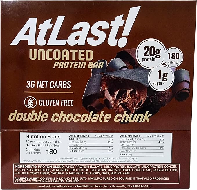 AtLast! Nutrition Double Chocolate Chunk Protein Bars – Low Carb Keto-Friendly High Protein Gluten-Free Low Sugar Snack – 20g Protein Only 3g Net Carbs – Box of 12