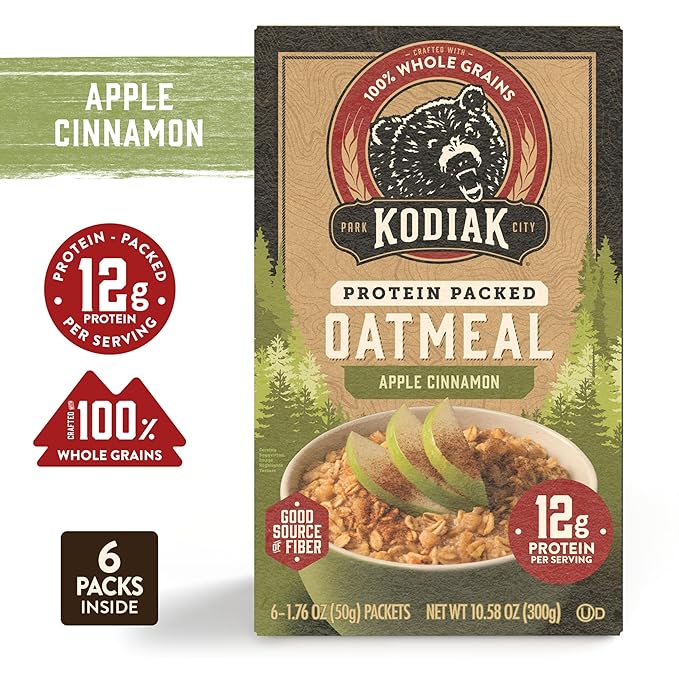 Kodiak Cakes Instant Oatmeal Packets Apple Cinnamon High Protein 100% Whole Grains 6 boxes with 6 packets each (36 packets)