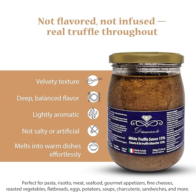 Diamante Italy White Truffle Sauce with High 15% White Truffle Content - Authentic Italian Gourmet White Truffle &amp Mushroom Sauce - Non GMO Vegan &amp Made in Italy - 500g