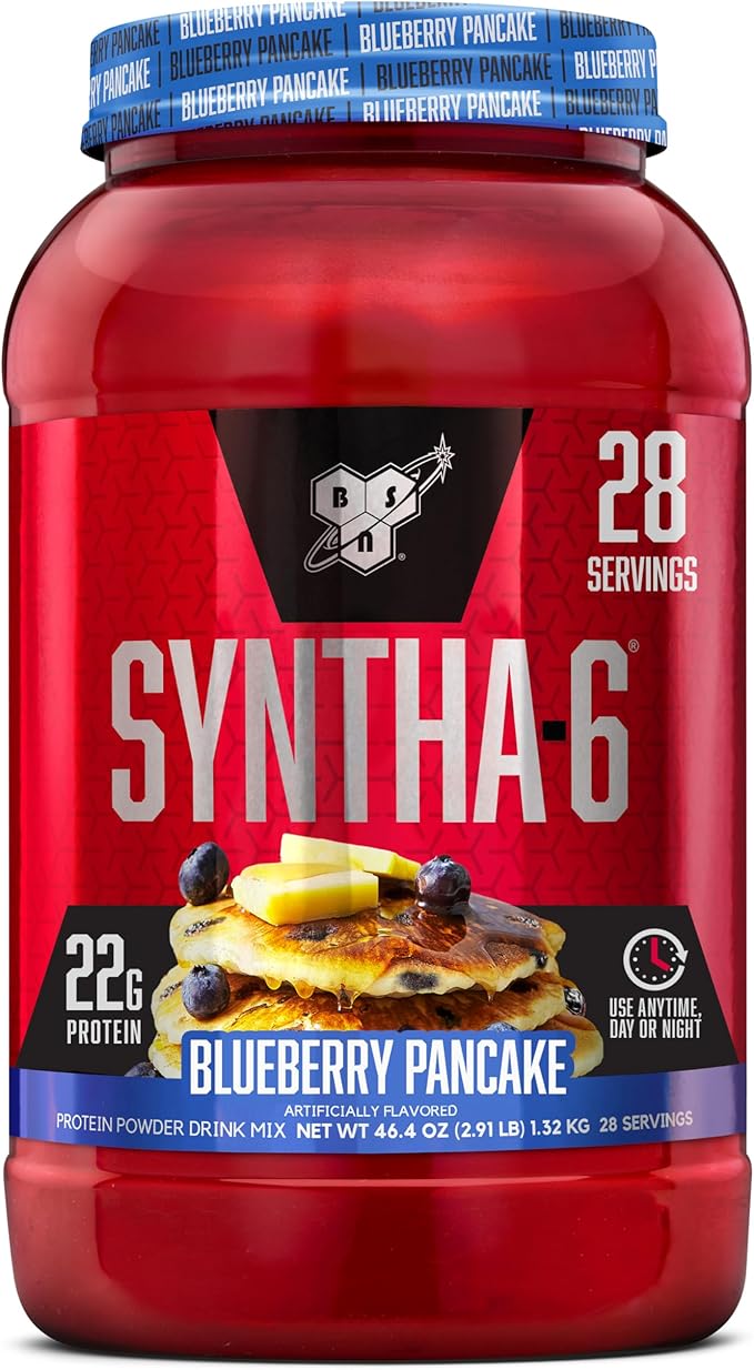 BSN SYNTHA-6 Premium Protein Powder with 6g of Fiber Whey Protein Micellar Casein Milk Protein Isolate Blend 5g Fat Blueberry Pancake 28 Servings (Packaging May Vary)