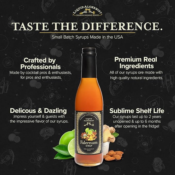 Liquid Alchemist Falernum Syrup for Cocktails - Real Ingredients Make our Falernum Cocktail Syrup a Great Mixer for any Tiki Drink - Our Drink Mixer is Non-GMO Gluten Free &amp Vegan (12.7 oz)