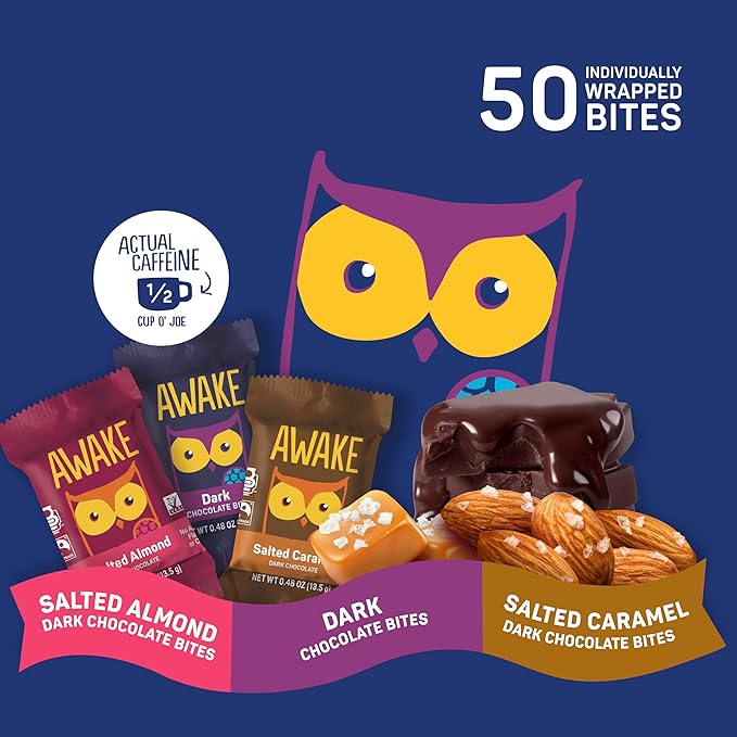AWAKE - Caffeinated Chocolate Bites - USA Variety Pack (3 Flavors) 50 Bites - Dark Salted Caramel &amp Salted Almond - 50mg Caffeine - Coffee Alternative - Fairtrade - Gluten-Free - Non GMO - 0.48o