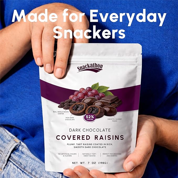 Snackathon 52% Dark Chocolate Covered Raisins 15 OZ Resealable Snack Bag Sweet Dried Raisins Coated in Rich Chocolate Candy Delicious Chocolate Raisins for Treats Sharing Snack Box or Gift Box