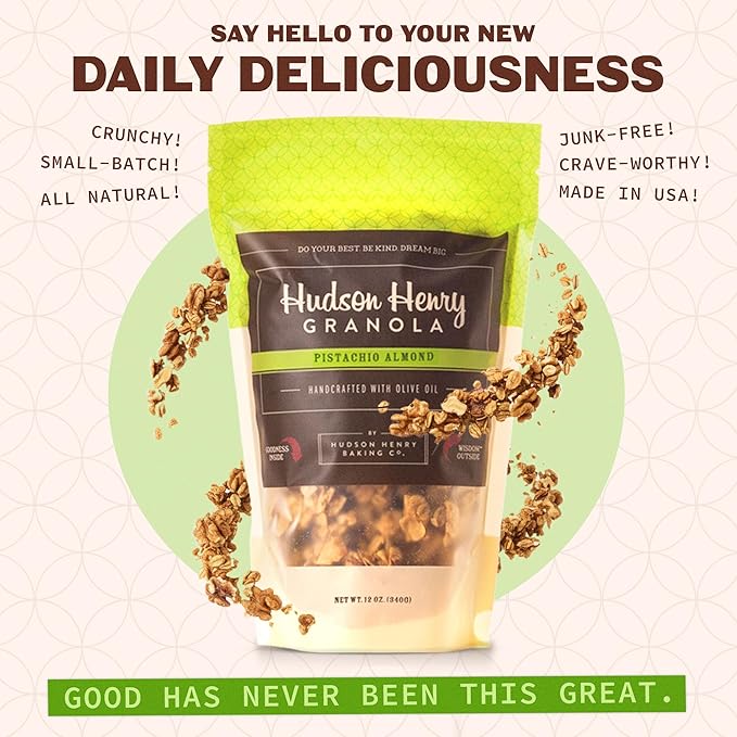 Hudson Henry Pistachio Almond Granola for Yogurt Snacking &amp Cereal | Gluten Free with Nuts and Seeds | Cashew Granola Non-GMO Small Batch Baked | 3 x 12 oz Bags