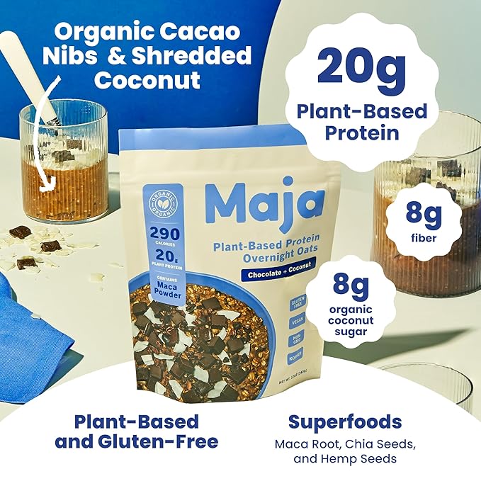 Maja Cacao &amp Coconut Overnight Protein Oats 2.4 oz Single-Serve (6 Pouches) | High Protein Overnight Oats Gluten Free Plant-Based | Rich Cacao with Coconut | Just Add Milk or Plant Milk