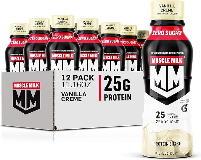 Muscle Milk Zero Protein Shake Vanilla Crème 20g Protein Zero Sugar 100 Calories (Pack of 12) &amp Genuine Protein Shake Vanilla Creme 11.16 Fl Oz Bottle 12 Pack 25g Protein