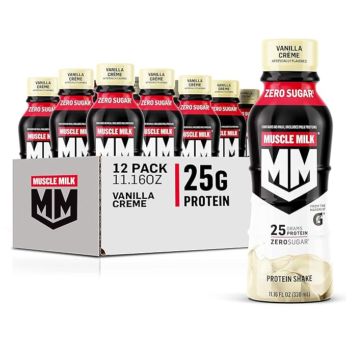 Muscle Milk Genuine Protein Shake Vanilla Creme 11.16 Fl Oz Bottle 12 Pack 25g Protein Zero Sugar Calcium Vitamins A C &amp D 5g Fiber Energizing Snack Workout Recovery Packaging May Vary