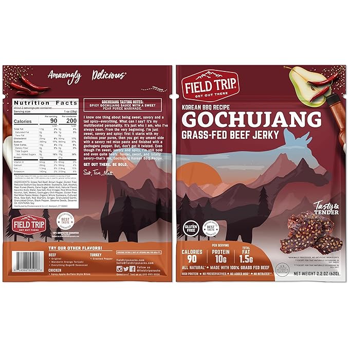 Field Trip Grass Fed Beef Jerky Healthy Gluten Free Snacks All Natural Paleo-Friendly Beef Jerky High Protein Low Carb Snack with No Nitrates 2.2oz Bag 4 Pack Gochujang Korean BBQ