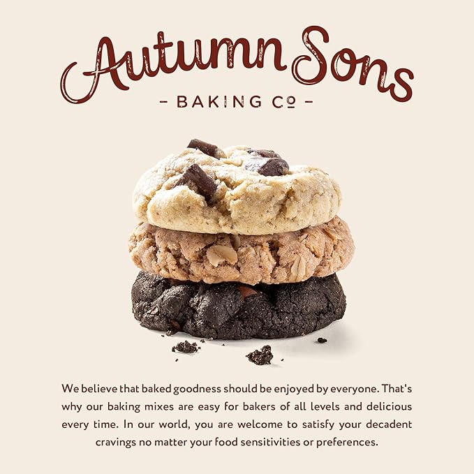 Autumn Sons Baking Co. Gluten Free Cookie Mix Variety Pack. Chocolate Chunk Double Chocolate Chunk &amp Oatmeal Cinnamon. Vegan Plant Based Baking Mix. Top 9 Allergen Free. 9.3 oz (Pack of 3)