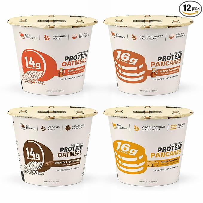 Beef Cakes Protein Breakfast Variety Pack – 12 Pack Instant Protein Pancakes and Oatmeal Cups – 14–16g Protein Beef Collagen Seed Oil Free Dairy Free Quick &amp Easy Breakfast in a Cup