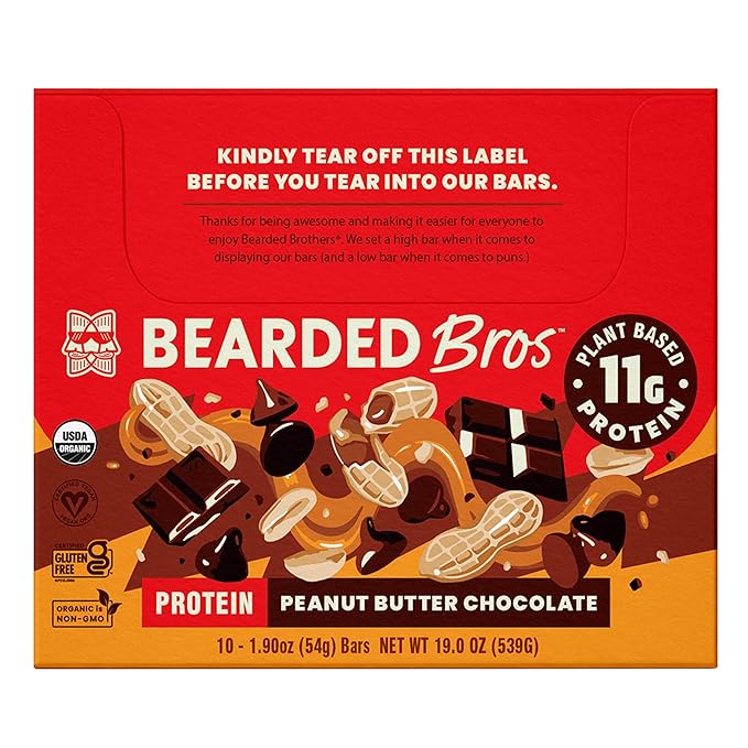 Bearded Brothers Organic Protein Bars Peanut Butter Chocolate (10 Pack) - 11g of Plant Based Protein Gluten Free Vegan Non-GMO Healthy Snacks for Adults Good Source of Fiber