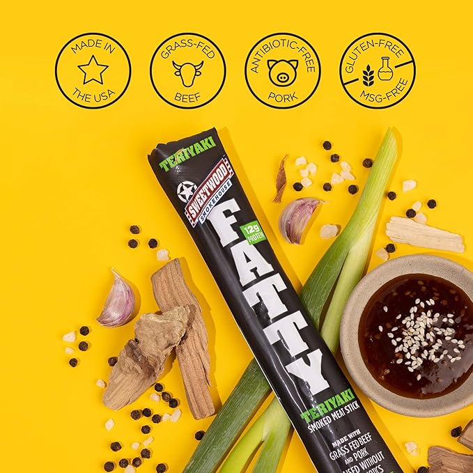 FATTY Meat Sticks Made with Grass Fed Beef Pork Raised Without Antibiotics 12g Protein Per Stick Teriyaki Easter Basket Stuffer for Men 2 oz. (Pack of 20)