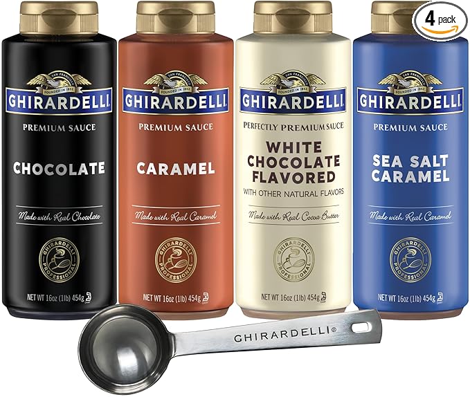 Ghirardelli Chocolate Caramel White Chocolate and Sea Salt Caramel Flavored Sauce 16 oz Bottles (Pack of 4) with Ghirardelli Stamped Barista Spoon