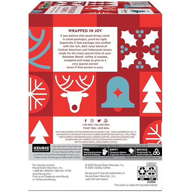 Caribou Coffee Reindeer Blend Single-Serve Keurig K-Cup Pods Dark Roast Coffee Pods 88 Count