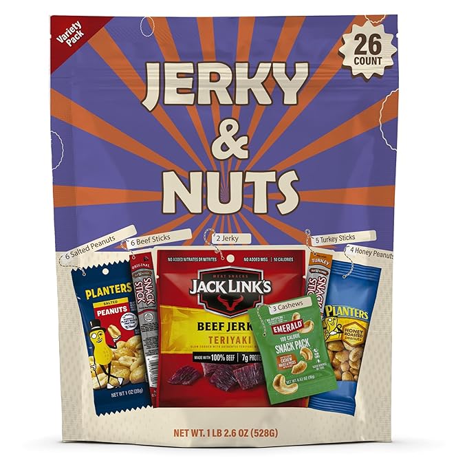 Jerky &amp Nuts Variety Pack (26 Count) – Beef Jerky Beef Sticks Turkey Sticks Cashews Honey Roasted Peanuts Salted Peanuts | Individual Meat &amp Nuts Packs for Adults Kids Office School o