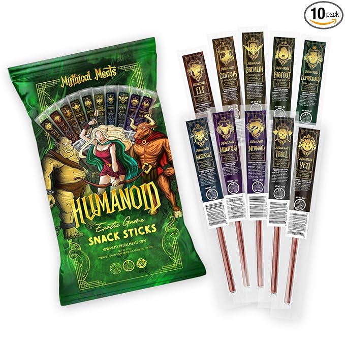 Mythical Meats Humanoid Exotic Game &amp Beef Sticks - Individually Wrapped Beef Jerky Sticks - Keto Friendly High Protein Meat Snack for Adults and Kids - Variety Pack of 10 Meat Sticks