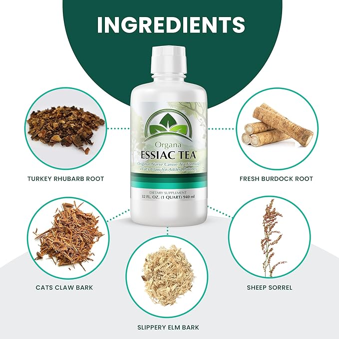 Organa Genuine Essiac Tea - Organic Liquid Essiac Tea - 4 Herb Genuine Essiac Formula - Ojibwa Herbal Detox Blend - Organic &amp Wildcrafted Herbs - Great for Wellness &amp Vitality - 32 oz Bottle
