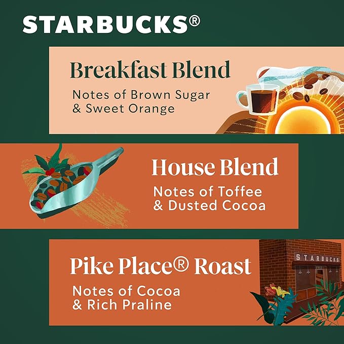 Starbucks Whole Coffee Beans Medium Roast Hot or Iced Coffee Variety Pack Three 12 oz Bags