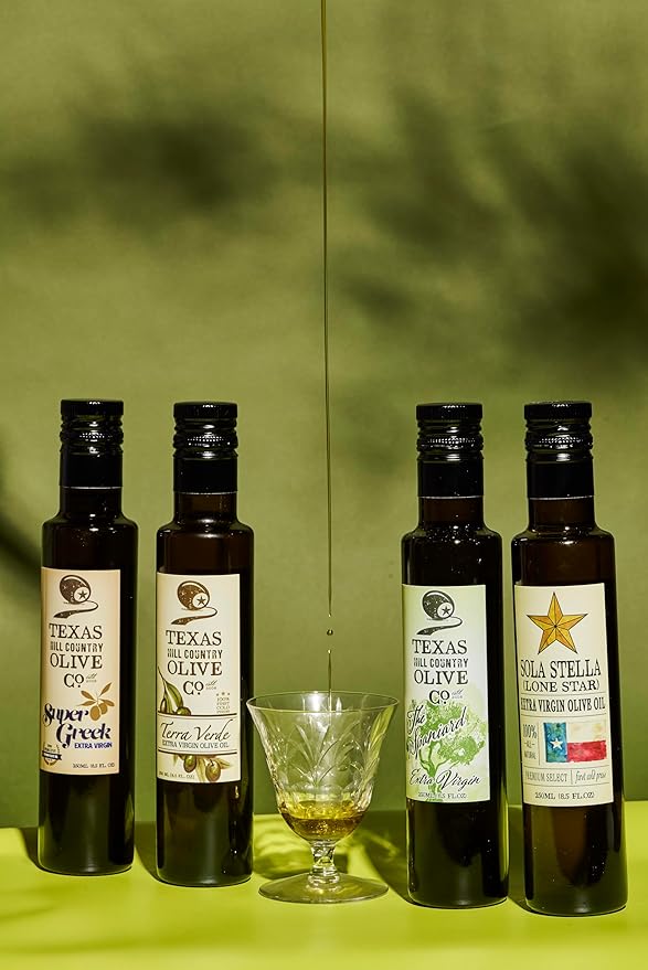 Texas Hill Country Olive Co Super Greek Extra Virgin Olive Oil - Cold Pressed EVOO Gourmet Olive Oil - Rich &amp Fruity - Perfect for Finishing &amp Dressing - Award Winning &amp Made in Texas (8.5