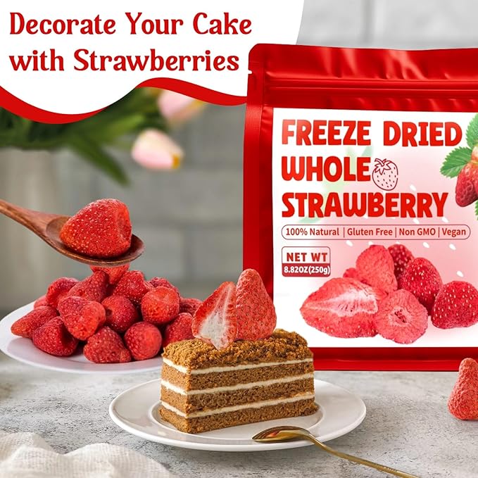 8.82OZ Whole Freeze Dried Strawberry - 100% Natural Strawberry with Sugar Vegan &amp NON GMO Dried Strawberries Perfect for Snack Beverages Baking Ice Cream Oatmeal(250g)