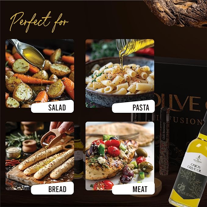 Infused Olive Oil Gift Set – Variety Pack - 4 Flavored Olive Oil Extra Virgin 3 Spice Flavorful Infusion Blends Bread Dipping Bowl &amp Recipe Booklet - Set of 8 – Gourmet Cooking Gifts for Women -