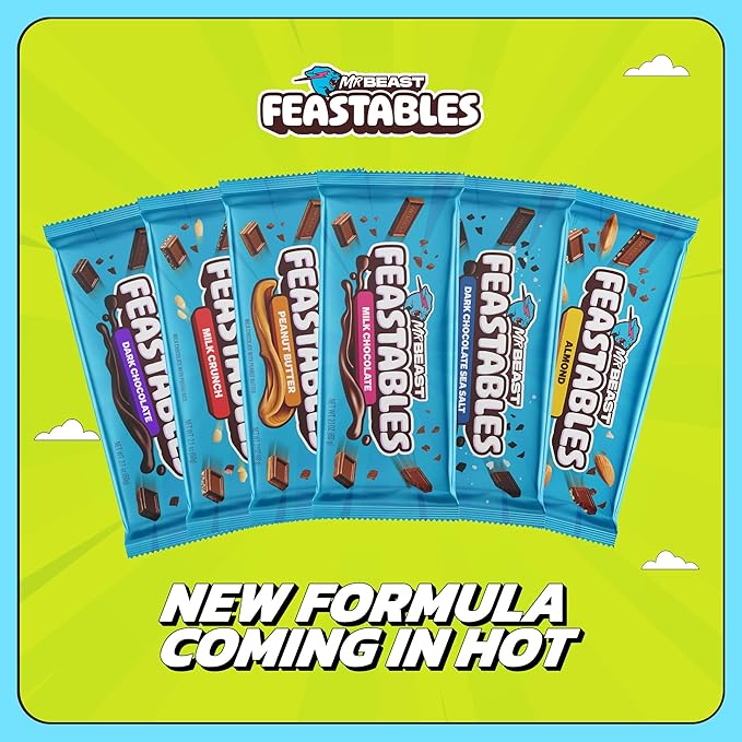 Feastables MrBeast Peanut Butter Milk Chocolate Crunch Chocolate Bar Full Size Bar for Adults &amp Kids Candy Bars Snacks Gifts Dessert Fairtrade Cocoa 1.24 Oz Ea 24 Count