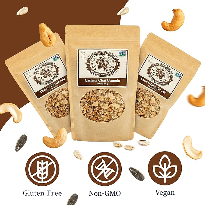 Maple Nut Kitchen Gluten Free Chai Granola with Cashews 3 Pack – Certified Gluten Free Oats Shredded Coconut Sunflower Seeds Maple Syrup – Healthy Low Sugar Breakfast Cereal Crunchy Natural Granol