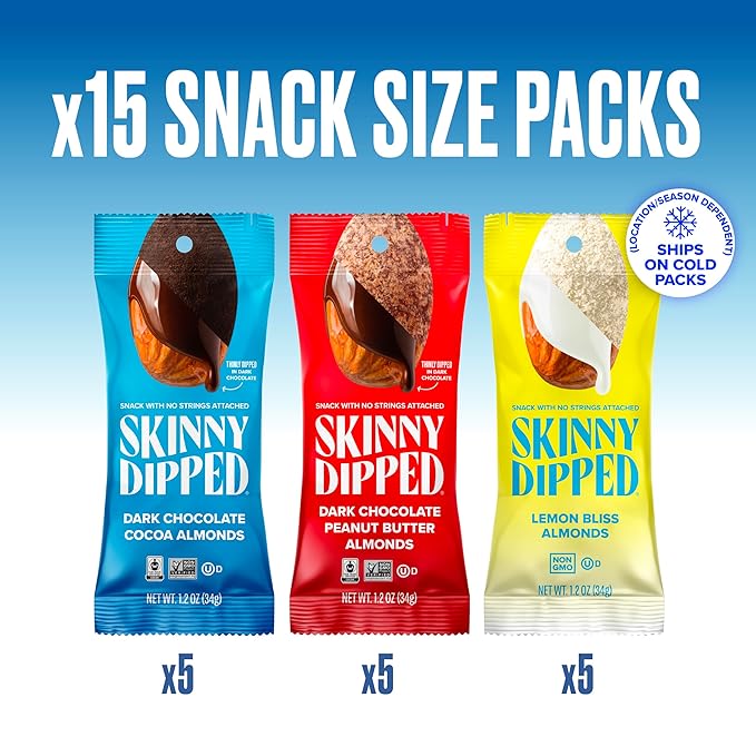 SkinnyDipped Snack Attack Almond Variety Pack Chocolate Covered Almonds Low Sugar Gluten Free Healthy Snack 1.2 Ounce Bags (Pack of 15)