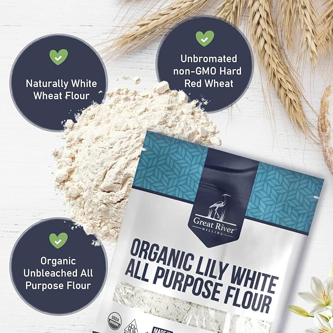 Great River Milling Lily White Organic All-Purpose Flour | Unbleached &amp Unbromated | Non-GMO Kosher | Ideal for Bread Cookies Cakes Pizza Dough &amp Everyday Baking | 5 Lb