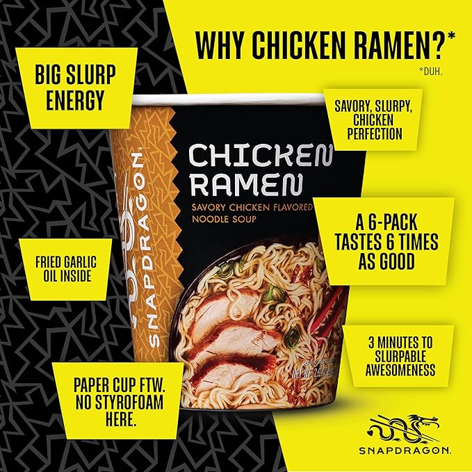 Snapdragon Chicken Ramen Cup Noodles - 6 Pack Instant Ramen Bowl with Authentic Wheat Noodles Soup Flavor Sauce Vege Pack and Garlic Flavoring Oil. Microwave or Hot Water Easy Meal Prep