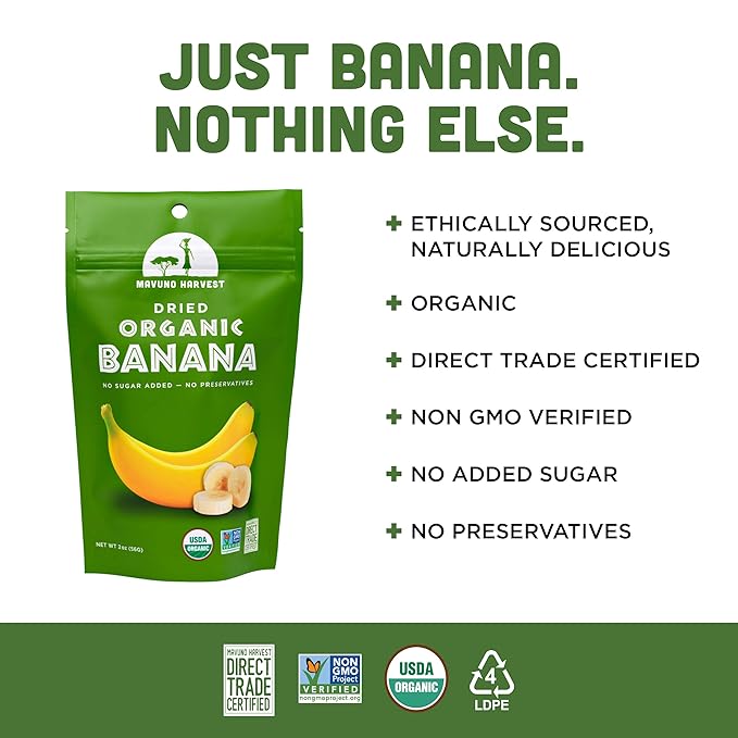 Mavuno Harvest Dried Banana Chips Fruit Snacks | Organic Dried Banana | Healthy Snacks for Kids &amp Adults | Unsweetened Banana Chips | Gluten Free Snack | Vegan Non GMO Direct Trade | 2 Oz Pack