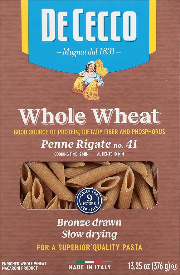 De Cecco Pasta Whole Wheat Penne Rigate No.41 13.25 OZ (Pack of 12) - Made in Italy High in Protein &amp Iron Bronze die