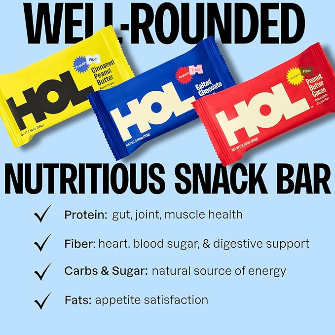 HOL Bone Broth Protein Bars - Salted Chocolate - 20g Whole-Food Protein - Natural Energy Snack Made with Real Ingredients - Gluten-Free No Artificial Additives - Great On-the-Go Fuel - 12 Pack