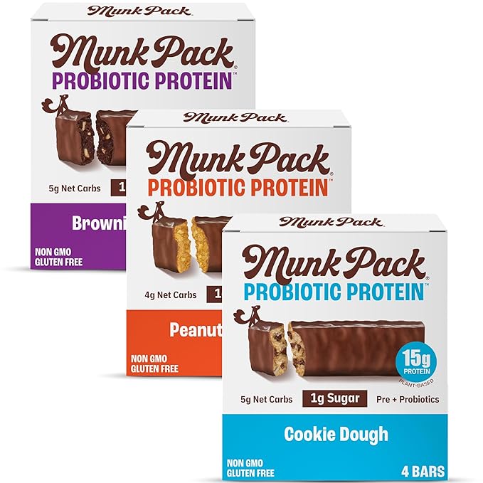 Munk Pack Variety Pack Probiotic Protein Bars | 15g Protein 1g Sugar 5g Net Carbs | Plant-Based High Protein Low Sugar Gut Health Snacks | 12 Pack