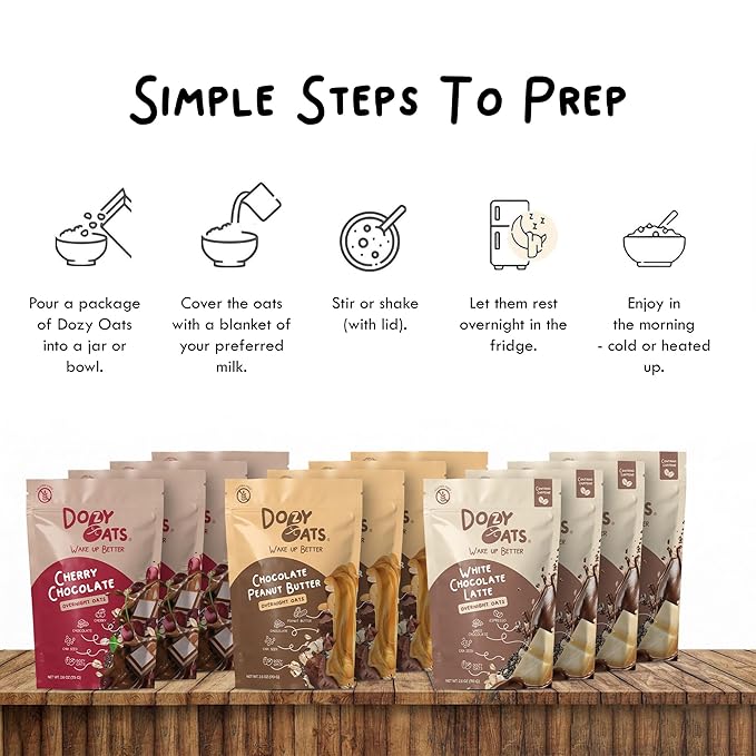 Dozy Oats Overnight Oatmeal Packets Chocol'oat Lover’s Variety Box with Rolled Oats Chia Seeds and Date Powder. Gluten-Free Natural Source of Protein and Fiber 12-Pack