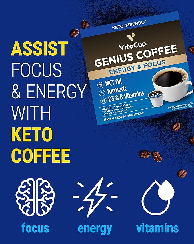 VitaCup Coffee Pods 40ct 4 Unique Wellness Blends with MCT Oil Garcinia Cambogia Lion’s Mane Chaga &amp Low-Acid Organic Dark Roast – Full-Bodied Arabica Coffee Pods for Energy Focus Immunity &