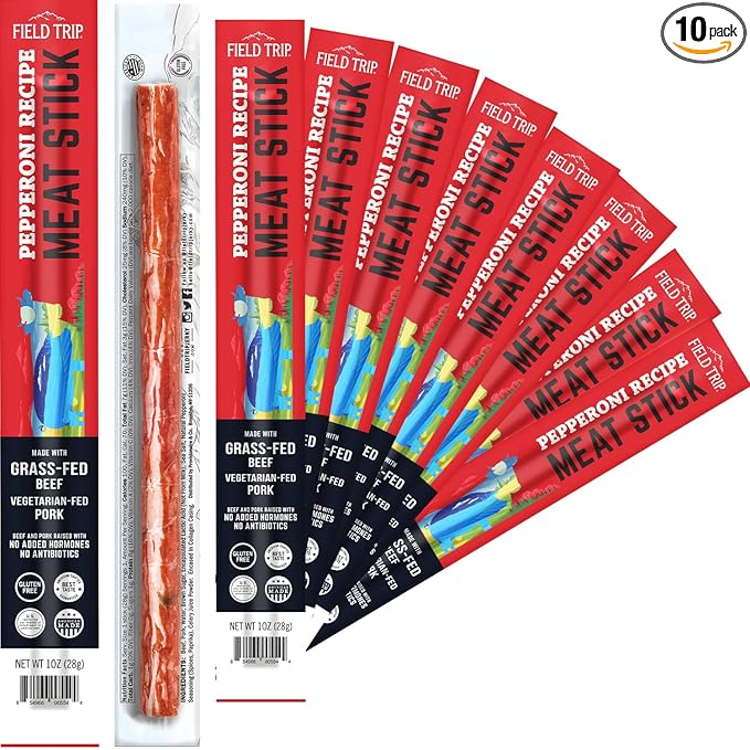 Field Trip Grass Fed Pepperoni Jerky Snack Sticks Keto Paleo Gluten Free Allergy Friendly Snack High Protein 100 Calorie Snack 1oz 10 Pack