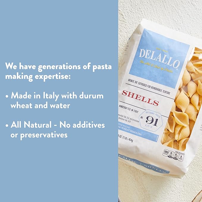 DeLallo Conchiglie Pasta Shells 1 Pound Bag 4 Pack Conch Shape Made with Durum Wheat Semolina Flour Cooks in 9 Minutes Non GMO