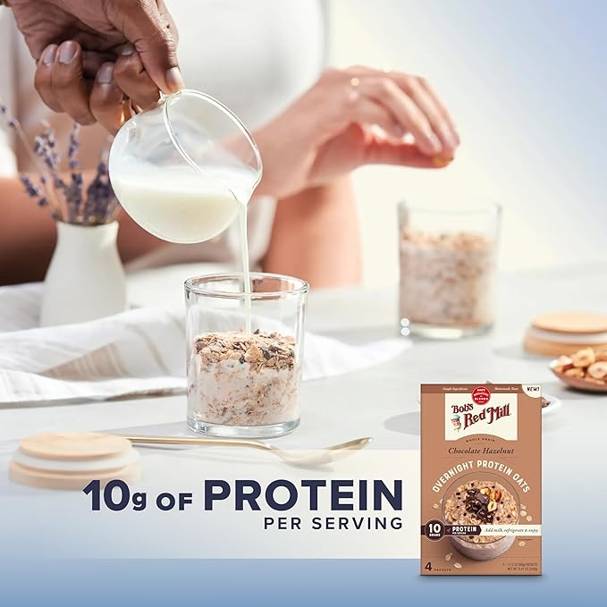 Bob's Red Mill Overnight Protein Oat Packets Chocolate Hazelnut (4 Boxes/4 Packets per Box) Non-GMO Gluten Free Whole Grain