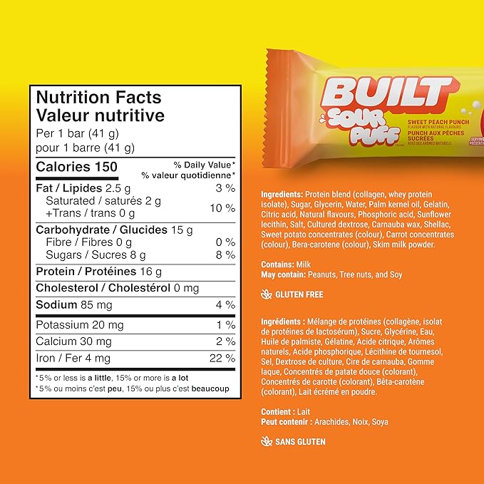 BUILT Bar Sour Puff Protein Bars - Sweet Peach Punch - 16g Protein Snack Bars with Collagen - Calorie Conscious &amp Gluten Free - 12 Count