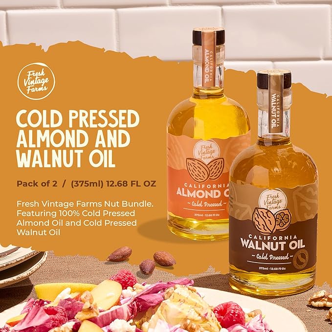 Fresh Vintage Farms Nut Bundle 100% Undiluted Cold Pressed Almond &amp Walnut Cooking Oils | Wholesome &amp Nutritious Healthy Cooking Oils for Cooking Baking Dipping &amp Salads | 12.68 Fl oz