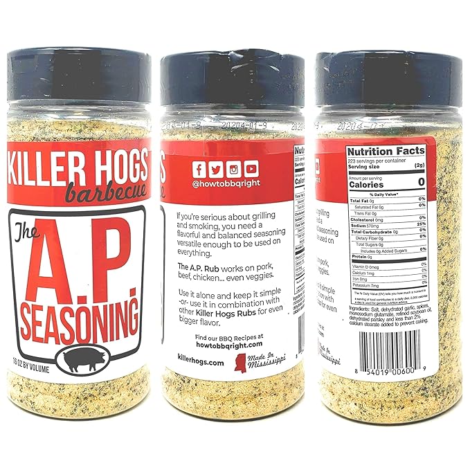 Killer Hogs Barbecue Rub Variety Pack - Hot BBQ Steak Rub A.P. Seasoning and Original BBQ Rub - Pack of 4 Bottles - 48 oz Total - Bulk Killer Hogs Barbecue Seasoning