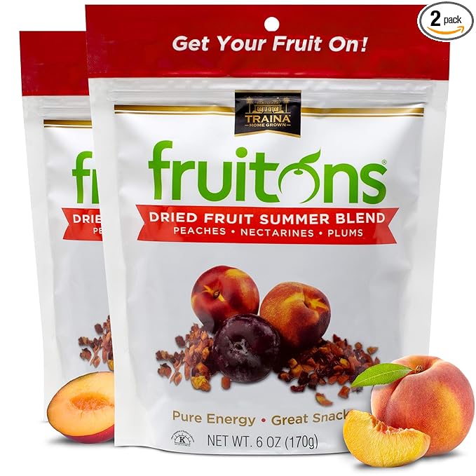 Traina Home Grown Fruitons California Sun Dried Summer Blend Fruit Mix - Peaches Nectarines and Plums No Sugar Added Non GMO Gluten Free Kosher Certified 6 oz pouch (pack of 2)