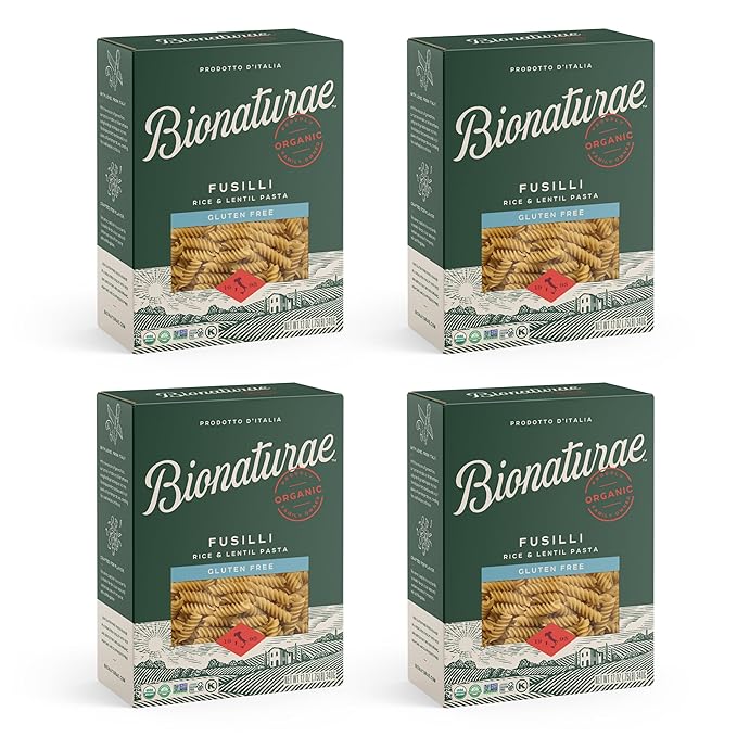 Bionaturae Fusilli Pasta Noodles - Gluten Free Pasta Organic Rice &amp Lentil Pasta Kosher Certified High Protein Non-GMO Fusilli Pasta Organic Crafted in Italy - 12 Oz 4 Pack