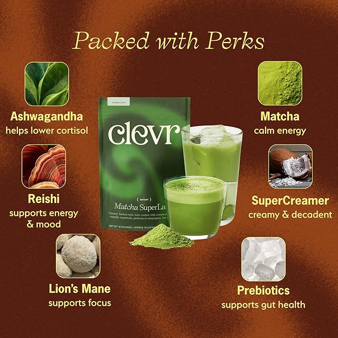Clevr Matcha SuperLatte Instant Ceremonial Grade Superfood Powder Blend with Oat Milk Lions Mane Reishi Mushroom Coconut Cream Ashwagandha Serve Hot or Iced (14 Lattes)